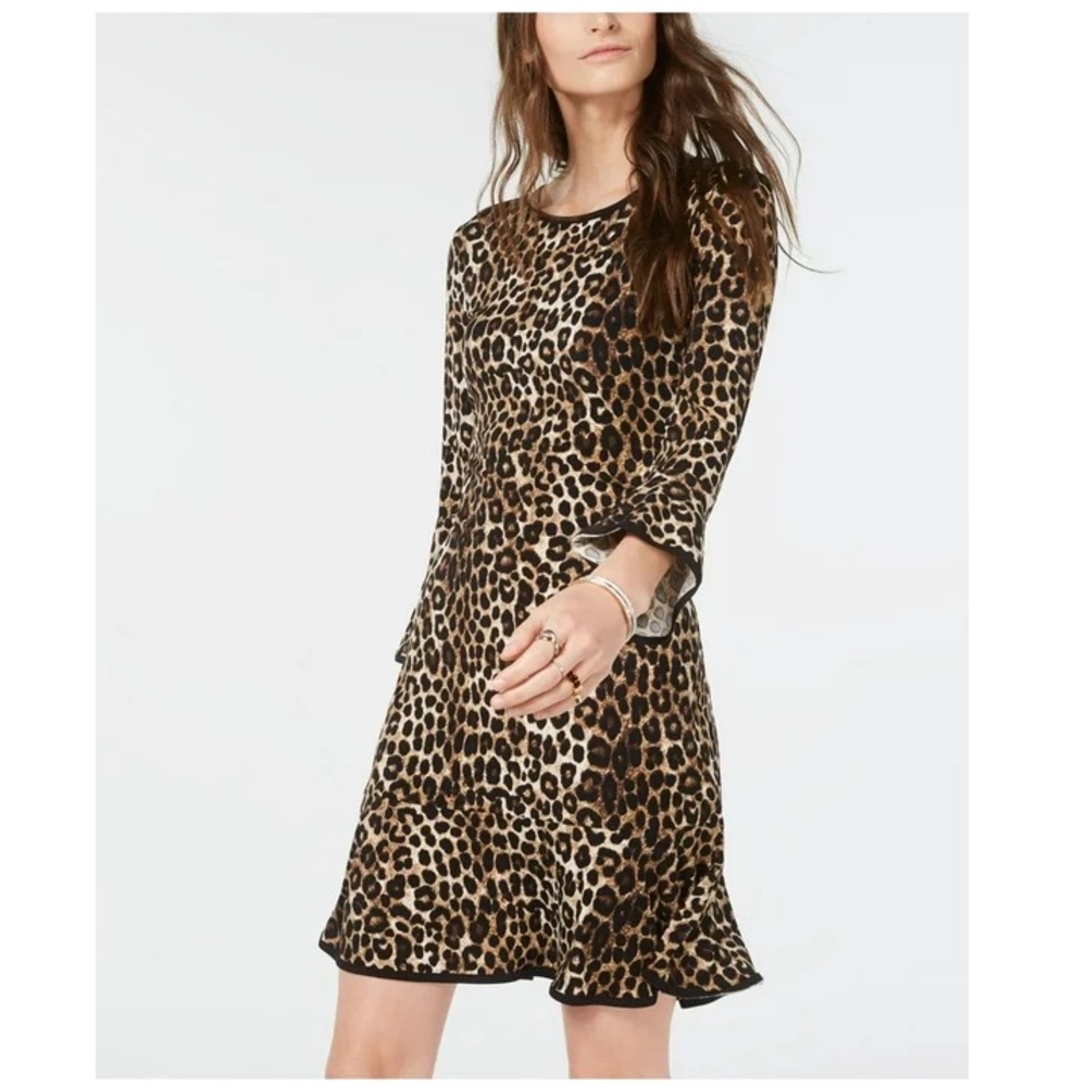 Michael Kors 2024 Cheetah Print Dress Bell Sleeves size Petite NWT Dark Camel